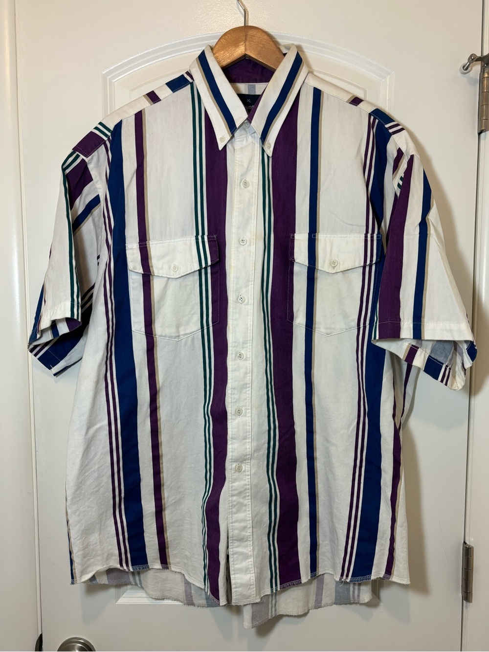 Wrangler White Short Sleeve Button-Down Shirt with Blue, Purple & Green Stripes